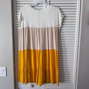 Colorblock Babydoll Dress – White, Beige & Mustard Yellow